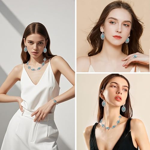 4 PCS Western Turquoise Jewelry for Women Boho Vintage Navajo Pearl Necklace Earring Bracelet Ring Set Country Cowgirl Accessories for Gift - color: L-Blue
