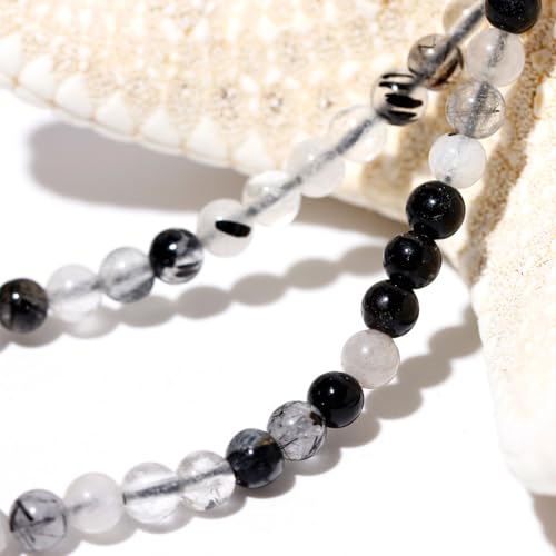 Simple Choker Necklace for Women Real Stone and Crystals Necklaces 4mm Beaded Choker Jewelry Meditation Gift for Women (16"+2") - style: Black Rutilated Quartz
