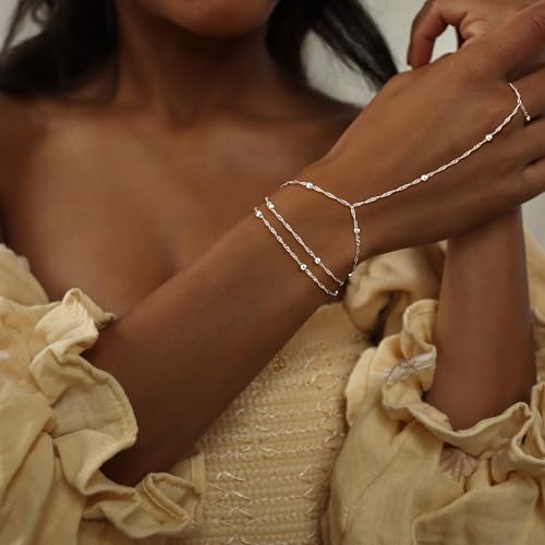 CHESKY Silver Hand Chain Bracelets for Women Set - Dainty Silver Plated Finger Ring Bracelet Stack Adjustable Hand Chains Durable Beaded Bracelets Trendy Simple Jewelry Gift for Women - style: beads bracelet-silver