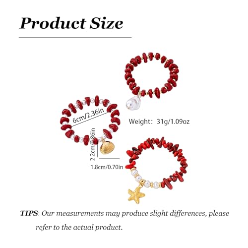 Boho Summer Bracelets for Women, Layered Beach Bracelets Set with Starfish Shell Pearl Charms, Colorful Beaded Bohemian Stackable Jewelry, Elastic Vacation Accessories Summer Outfit Jewelry - color: A3：Red Bracelet