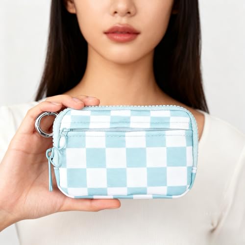 Wristlet Wallet for Women Mini Zip Card Case with Clear ID Window Zipper Coin Purse Lightweight Portable Keychain Wallet - color: Blue Lattice