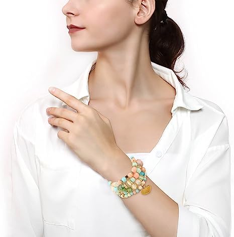 Women Beaded Bracelet Set | Colorful Boho Stackable Trendy Design with Crystal Accents Multilayer Bangle Bracelet | Fashion Stretch Braclets Jewelry for Women - color: Light Green