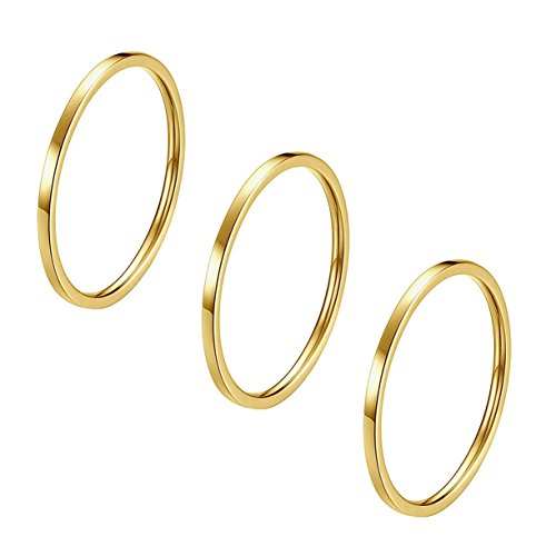 3pcs 1mm Stainless Steel Plain Band Knuckle Stacking Midi Rings for Women Comfort Fit - color: 3pcs Gold (Flat)