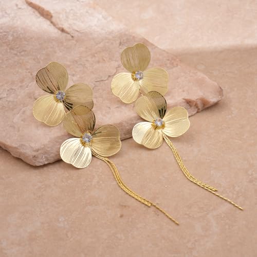 Gold Flower Dangle Long Tassel Earrings for Women Boho Large Metal Drop Hollow Flower Earrings Layered Floral Petal Jewelry - color: Gold