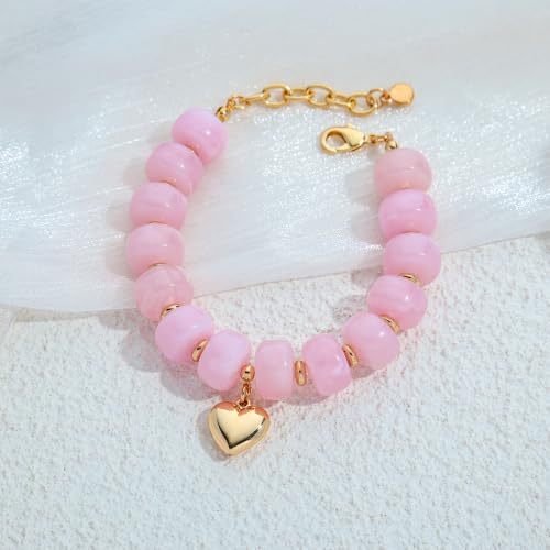 Chunky Beaded Bracelets for Women Boho Multicolor Acrylic Resin Beads Bracelet Adjustable Statement Bracelet Summer Beaded Jewelry - color: Heart beads bracelet-pink