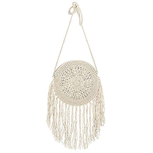 Goclothod Women Crochet Fringed Shoulder Bag Cotton Tassel Crossbody Bag Hippie Beach Purse - color: Off-white