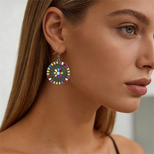 MALOYANVE Vintage Boho Circular Flower Dangle Earring, Handmade Bronze Tribal Round Enamel Floral Drop, Bohemian Ethnic Statement Jewelry Gift for Women - color: Ancient Muticolor