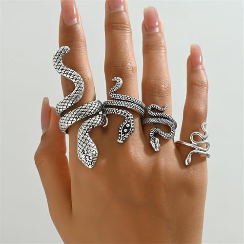 4Pcs Vintage Snake Knuckle Rings for Women,Retro Cool Snake Rings Boho Stackable Midi Cuff Rings Adjustable Animal Ring Set Fashion