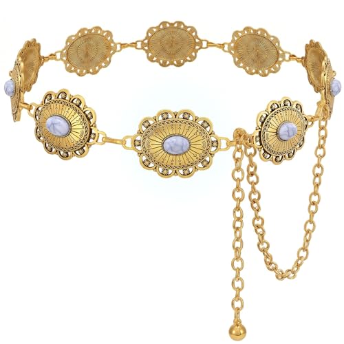 XZQTIVE Women Boho Chain Belts For Dresses Jeans Western Cowgirl Waist Links Belt Adjustable Metal Concho Belt - color: White Turquoise Gold, size: Fit Waist up to 46 In