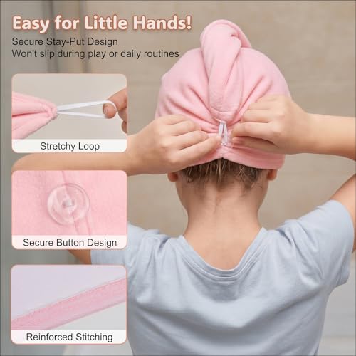 Basumee Microfiber Hair Towel Wrap for Kids 2 Pack Rapid Drying Hair Towel with Button Hair Turbans for Wet Hair Wraps Head Towel Wrap for Women and Girls - color: Purple Pink