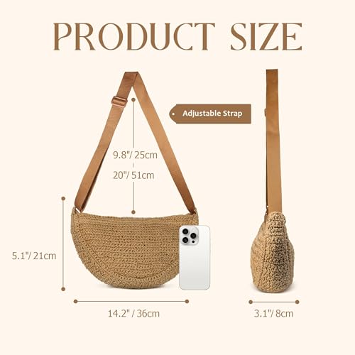 Straw Crossbody Bag for Women Summer Woven Beach Handbag Crescent Shoulder Purses with Adjustable Strap 2025 - color: Brown