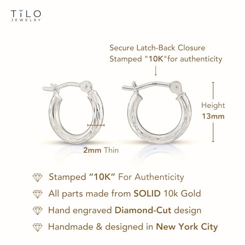 10K White Gold Hand Engraved Full Diamond-cut Round Hoop Earrings, Secure Latch Back Closure - style: 13mm