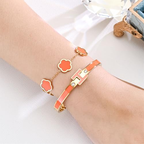 H Bangle & Clover Bracelet for Women - Stainless Steel Fashion Jewelry - 18K Gold Plated H Bangle and Lucky Five Leaf Clover Bracelet - Elegant Bracelets Set - Gift for Women - color: Gold-Orange Set