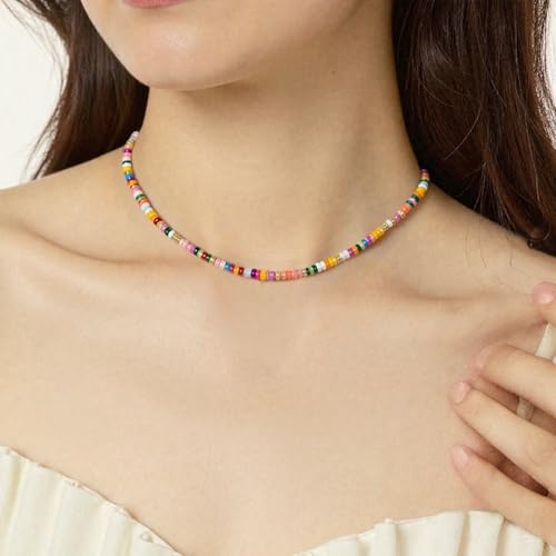 Beaded Gemstone Necklaces for Women Colorful Boho Choker Necklace Beauty And Spirit For Women (blue-silver) - color: mix-pink