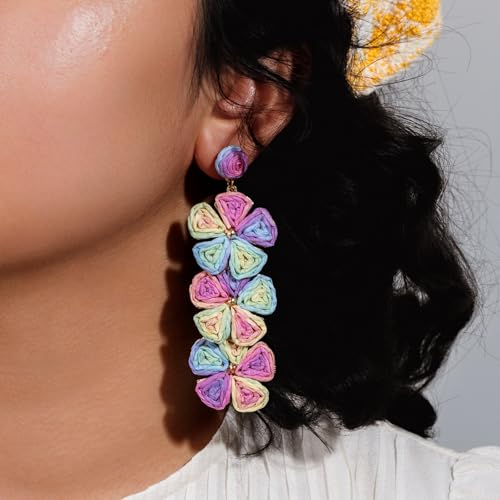 Boho Flower Earrings Statement Raffia Dangle Earrings Cute Floral Jewelry Trendy Summer Beach Vacation Outfits for Women - color: Colorful-2