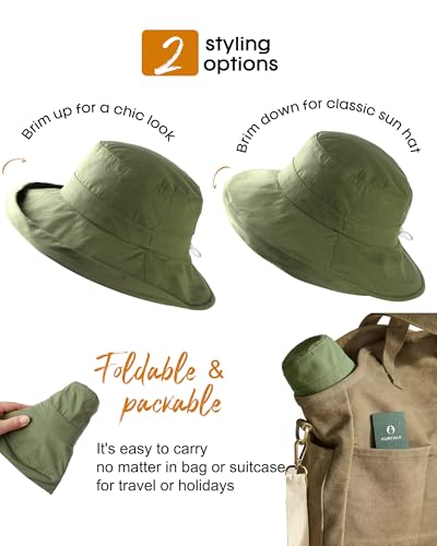 FURTALK Sun Hats for Women Wide Brim Ponytail Beach Sun Protection Hat with Fold-Up Brim Bucket Hat - color: Green