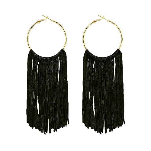 Boho Long Tassel Dangle Earrings for Women Lightweight Circle Hoop Silky Thread Fringe Drop Statemen Earrings - color: black