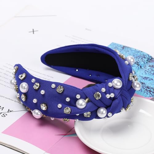 WantGor Pearl Knotted Headband, Women Rhinestone Embellished Hairband Elegant Wide Top Knot Bride Headbands Headpieces Party Fashion Elegant Ladies Hair Band Hair Hoop Accessories (Blue) - color: Blue
