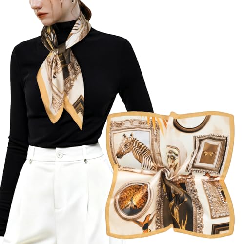 Relang Fashion Silk Satin Head Scarf for Women Hair Bandana Hair Scarf Wrap Neck Scarf for Women 27.5×27.5 inches - color: Camel Tone Zebra Pattern Satin Scarf