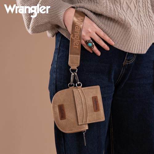 Wrangler KeyChain Wallet Wristlet Wallets for Women Dual Pouch Wristlet with Zipper Womens Credit Card Holder Wallet - color: A-Khaki
