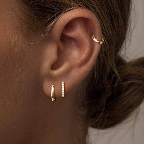 Poxtex Small Sterling Silver Huggie Hoop Earrings Set for Women, Hypoallergenic 14K Gold Plated Hoops Stacks for Multiple Piercings, Dainty Cute Mini Lightweight Cartilage Studs Trendy Jewelry Gift - color: Gold-mix hoops 81012