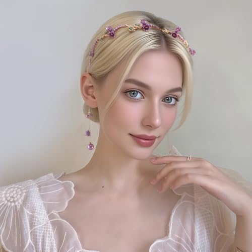 AHONEY Purple Flower Headband for Women Rapunzel Girls Hair Vine Gold Leaf Boho Headband Wedding Fairy Hair Accessories Headpiece - color: Purple