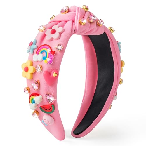 PANTIDE Floral Jeweled Knotted Headband - Rainbow Rhinestone Crystal Embellished Headband Wide Top Knot Fashion Hairband Hair Accessories Spring Summer Birthday Gift for Women Girls (Pink) - color: Pink Floral