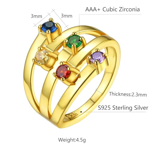 Custom4U Personalized 1-4 Birthstone Rings for Women Promise Rings for Her Sterling Silver Mothers Ring Customized Cubic Zirconia Stones Wedding/Valentine's Day/Mother's Day Jewelry Gift for Mom Wife - color: B-5 Names-Gold