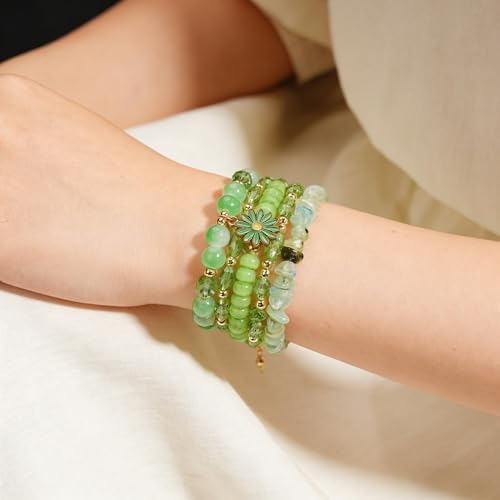 coadipress 5Pcs Bohemian Flower Stackable Bead Bracelets for Women Multilayer Crystal Glass Beaded Charm Bangles Bracelet Boho Summer Beach Hawaii Holiday Statement Jewelry - color: Green