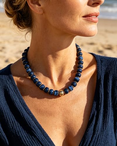 Chunky Beaded Statement Necklace for Women Trendy Colorful Boho Resin Bead Choker Necklaces Summer Handmade Jewelry Gifts Accessories - color: Gold-Deep Blue-1