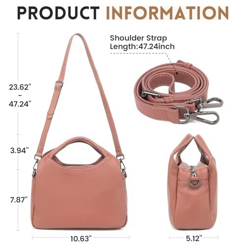 KOGTLA Medium Genuine Leather Purses for Women with Detachable Satchel Strap, Ladies Soft Handbags, Tote Hobo Bags - color: Pink