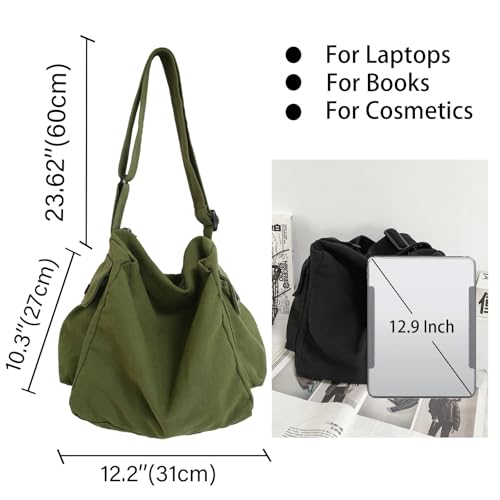 KlaOYer Canvas Messenger Bag Large Hobo Bag Crossbody Shoulder Bag Tote Bag with Pocket for Women and Men - color: White 2