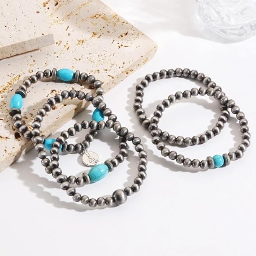 Coiris 5 Pcs Navajo Pearls Bracelet for Women Turquoise Boho Vintage Montana Western Bracelets Native American Jewelry - style: Turquoise