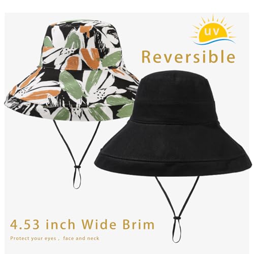 vidsel Womens Sun Hats Wide Brim Reversible Bucket Cotton Hat Packable Summer Travel Cap with Hat Clip,UV Protection - color: Black2, size: Medium