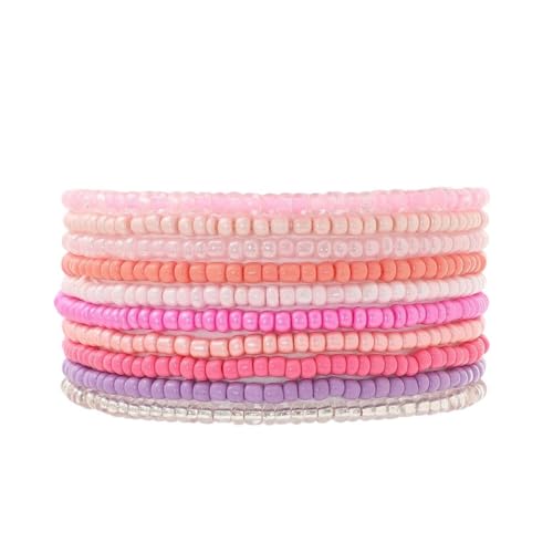 Boho Stackable Rice Beaded Bracelet Set for Women 8-10Pcs Colorful Handmade Multilayered Crystal Beads Bracelets Summer Beach Bohemian Jewelry Gift - color: A Pink