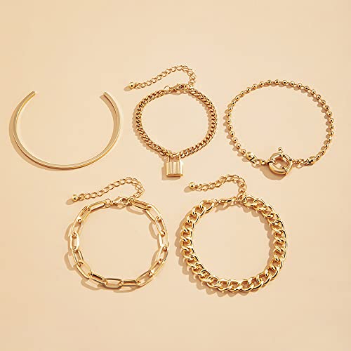 Boho Fashion Dainty Boho Gold Silver Chain Stackable Lock Bracelets Set for Women Adjustable Beaded Chunky Flat Cable Chain Punk Bracelets Jewelry for Women Gift Set of 5 - color: Gold