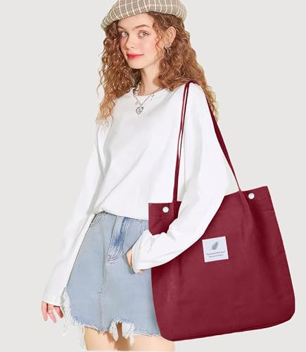 Corduroy Tote Bag for Women Small Canvas Shoulder Purse Cord Handy Bag with Inner Pocket | with Front Pocket - color: 02 Red