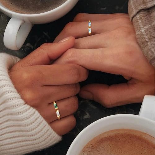 TOBENY Gold Birthstone Rings for Women 14K Gold Plated Adjustable Rings Non Tarnish Gold Stackable Rings Dainty Emerald Green Cubic Zirconia Ring for Mother Daughter Birthday Jewelry Gifts - color: Jan+Apr