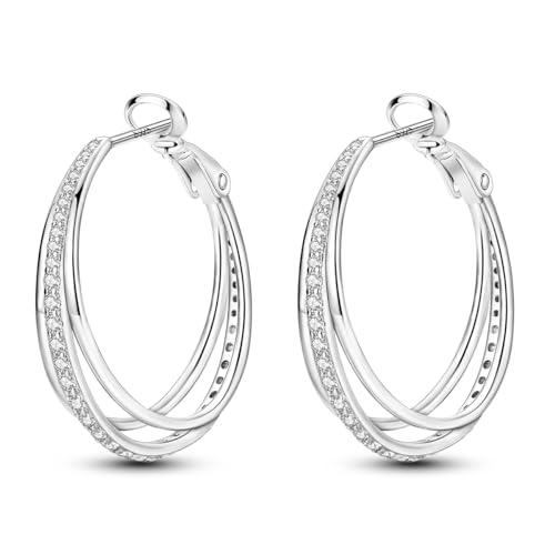 Parmuz 925 Sterling Silver Earrings Hoops for Women Ladies Simple Lightweight Twisted Medium Hoop Earrings With Cubic Zirconia Hypoallergenic Jewelry for Her - color: Big three circles earring