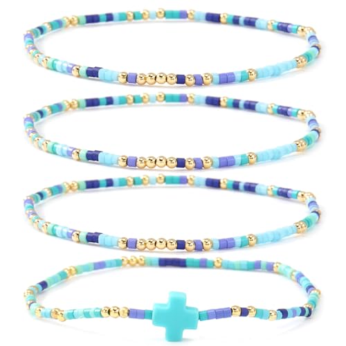 Gold Colorful Beaded Cross Bracelet Stack Set for Women,Handmade Bohemian Seed Beads Stacked Bracelets Fashion Holiday Jewelry Gift - color: Blue