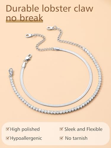 FindChic Black/Silver/Gold Plated Anklets Set of 2PCS/3PCS Herringbone Chain Cuban Link Heart Charm Sparkling Tennis Ankle Bracelets, Waterproof Summer Foot Jewelry for Beach - color: 04. Silver-2PCS Herringbone & Tennis