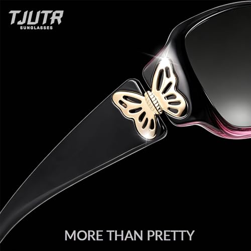 TJUTR Polarized Sunglasses for Women with Wrap Around Butterfly Design, Trendy Jackie-O Style for UV400 Protection - color: A7 Gradient Purple Frame Grey Lenses