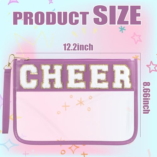 BuyCard Cheer Chenille Letter Bags Clear Makeup Bag, Cheerleader Gift Cosmetic Bag, Varsity Preppy Patch Flat Pouch Cheer Accessories, Waterproof PVC Organizer Toiletry Bag for Women Girls Purple - color: Purple-Cheer