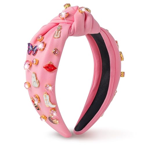 PANTIDE Music Jeweled Knotted Headband - Singer Fans Gift Guitar Red Lip Rhinestone Crystal Embellished Headband Wide Top Knot Fashion Hairband Birthday Back To School Gift for Women Girls (Pink) - color: Pink Music