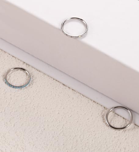 3pcs Nose Rings Hoops - 316L Surgical Steel Nose Hoops 16G/18G/20G CZ Opal Turquoise Clicker Septum Nose Ring Lip Helix Cartilage Hoop Earring Daith Rook Conch Body Piercing Jewelry for Women Men 6mm 8mm 10mm - color: Silver, size: 18 gauge(1.0mm)-10mm