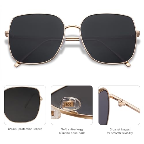 SOJOS Trendy Oversized Square Metal Frame Sunglasses for Women Men Retro Big Flat Lens UV Protection Sunglasses SJ1146 - color: Gold/Grey