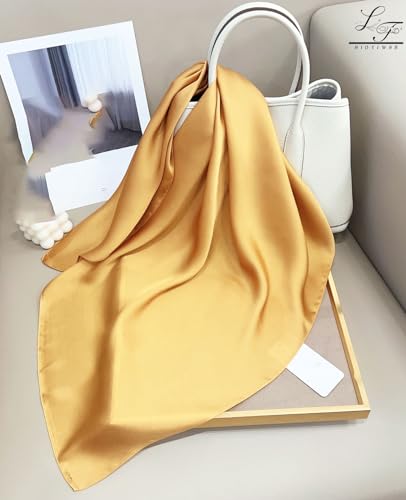 Hioyiwse Satin Square Scarf for Women Solid Color Emulation Silk Handkerchief Hair Ribbon Headband Handbag Purse - color: D10-earthy Yellow(23.6*23.6inch)