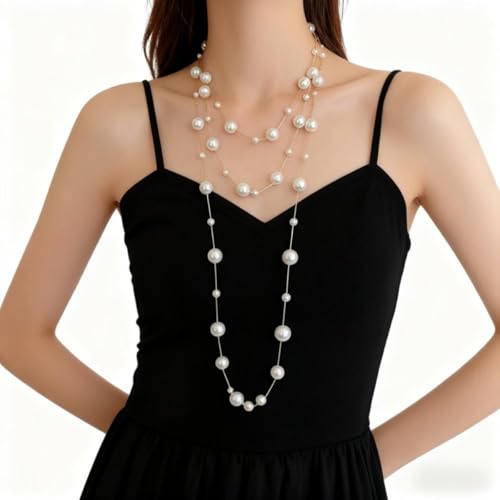 Layered Pearl Necklaces for Women Big Pearl Long Chain Necklace Dainty Faux Pearl Necklaces Statement Sweater Strand Chain Jewelry - style: gold