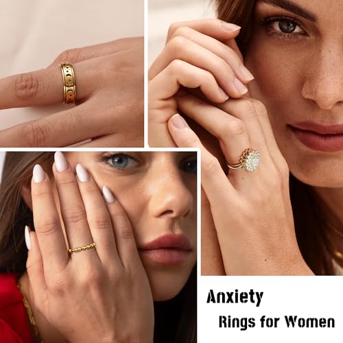 FEYIR 8 Pcs Fidget Rings for Women Anxiety Spinner Stainless Steel CZ Band Ring Spinning Rings Set for Anxiety - color: 8pcs-Gold