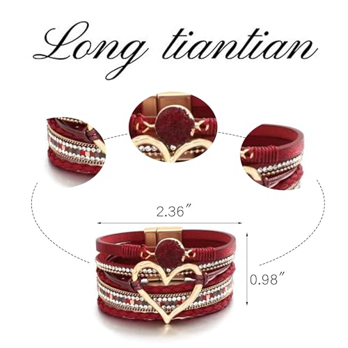 Long tiantian Leather Bracelets for Women Warp Bracelet Stackable Boho Layered Bracelet Chunky Heart Trendy Birthday Gifts for Her - color: B34:Fashion Bracelets for Women(Dark Red)